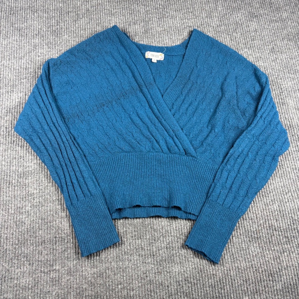 Pink Rose Sweater Womens L Blue Cable Knit Faux Wrap V-Neck Long Sleeve
